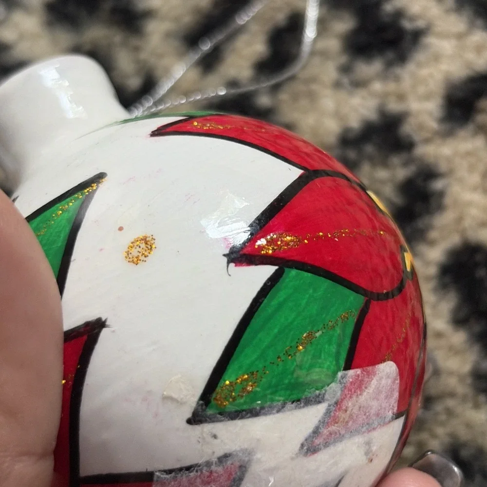 Hand Painted Floral - Clay Terra Cotta Ornament Ball Mexico -‎ Poinsetta Holiday